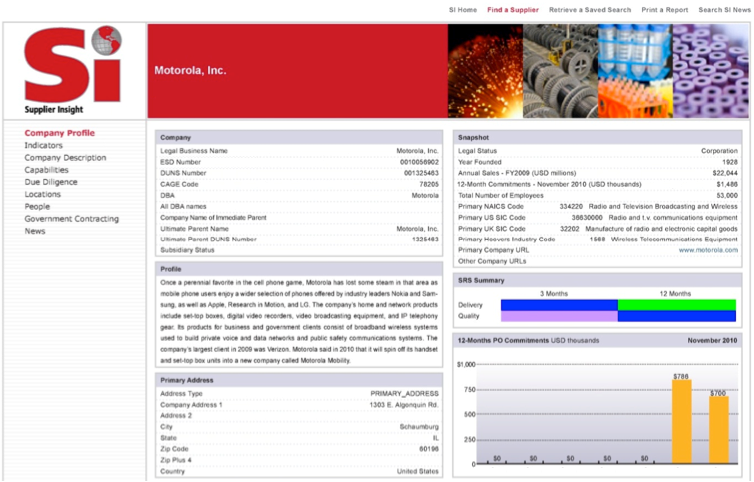 Representative screen shot of a vendor Profile Page (Top).