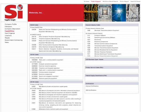 Representative screen shot of a vendor Capabilities Page.